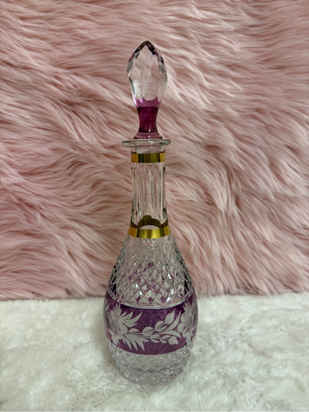 Vintage Crystal Cut Wine Decanter with Gold Accents